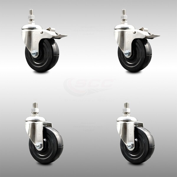 Service Caster 4 Inch 316SS Soft Rubber Swivel 3/8 Inch Threaded Stem Caster Lock Brake, 2PK SCC-SS316TSTTL20S414-SRS-381615-2-S2 - main